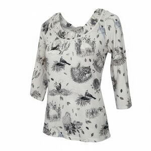 Anthropology 9-H15 Boho Nature Print (Owl, Fox) 3/4 Sleeve Top - Size Small